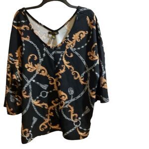 Goddess Black Gold Chain Print V-Neck Tunic Top Long Flounce Sleeve V-Back​​